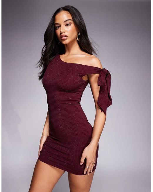The Frolic Women's Purple Exclusive Hot Fix Off Shoulder Tie Detail Bodycon  Mini Dress