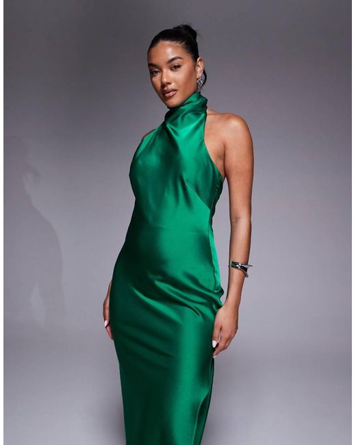 Jarlo Green Halter Neck Satin Midi Dress