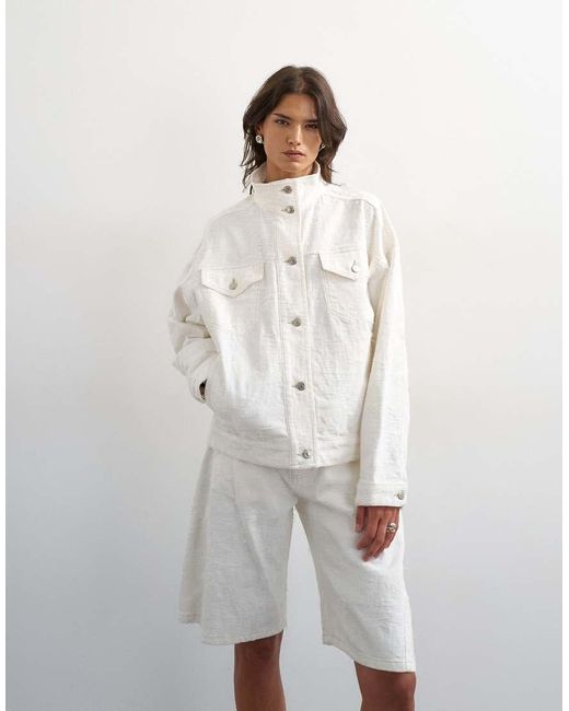 TOPSHOP White Denim Funnel Neck Elastic Waist Jacket