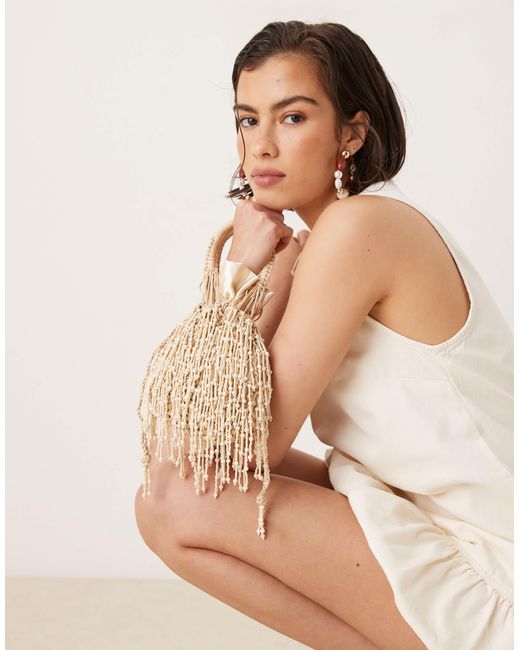 Mango Natural Beaded Fringe Hand Bag