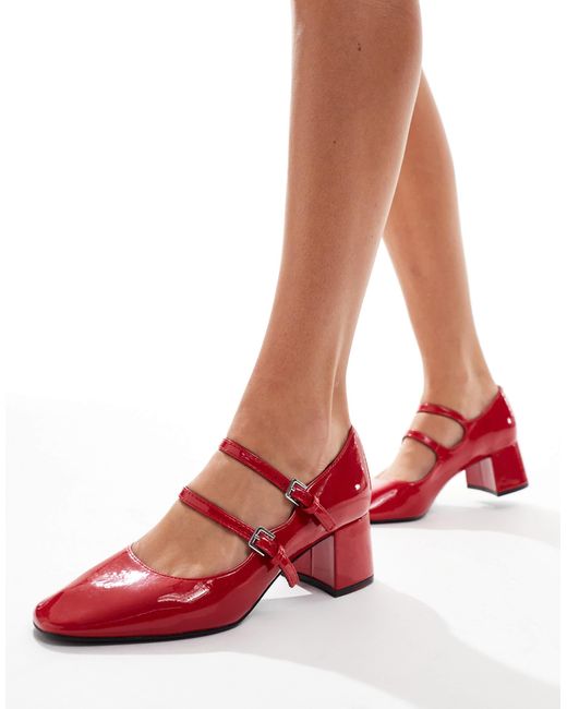 Pull&Bear Red Double Strap Mary Jane Heeled Shoes