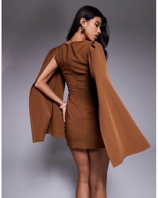 TFNC London Brown Crepe Mini Dress With Cape Shoulders