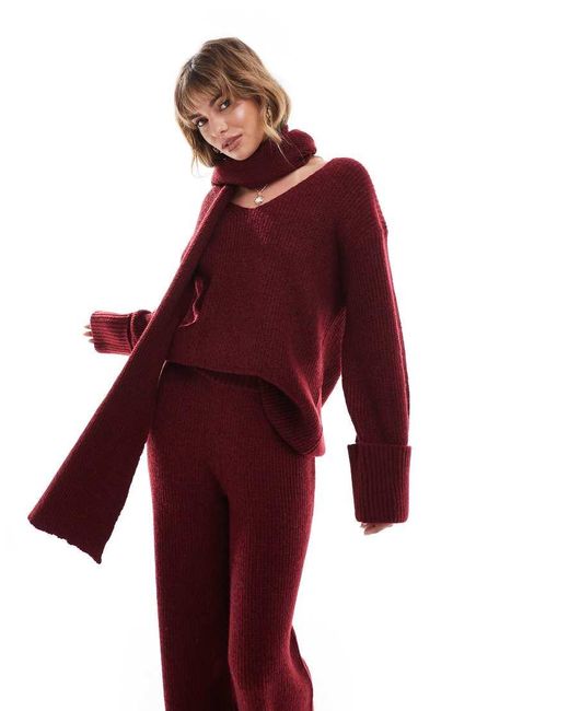 4th & Reckless Red Deep Cuff V Neck Scarf Detail Jumper Co-Ord