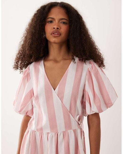 Y.A.S Pink Puff Sleeve Wrap Front Full Skirted Midi Dress