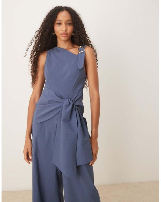 ASOS Blue Asym Liquid Strap Detail Jumpsuit With Wrap Over