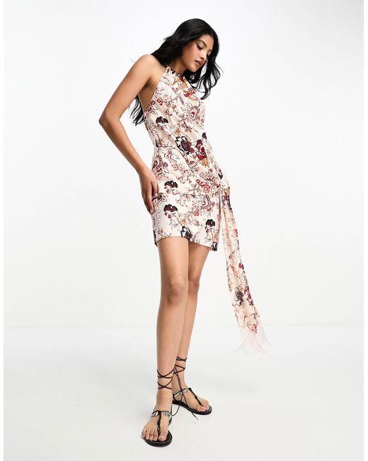 ASOS Multicolor Linen Halter Mini Sundress With Big Waist Tie Detail