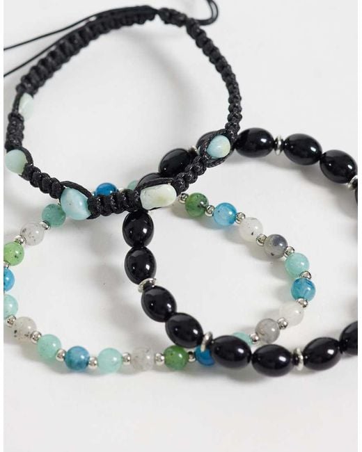ASOS White 3 Pack Blue Beaded And Semi-precious Amazon Stone Chippings Bracelets for men
