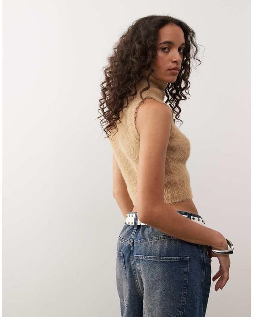 Collusion White Fluffy Roll Neck Knitted Vest