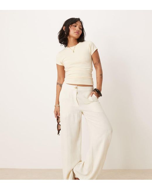 ASOS Natural Asos Design Petite Relaxed Straight Leg Trousers With Linen
