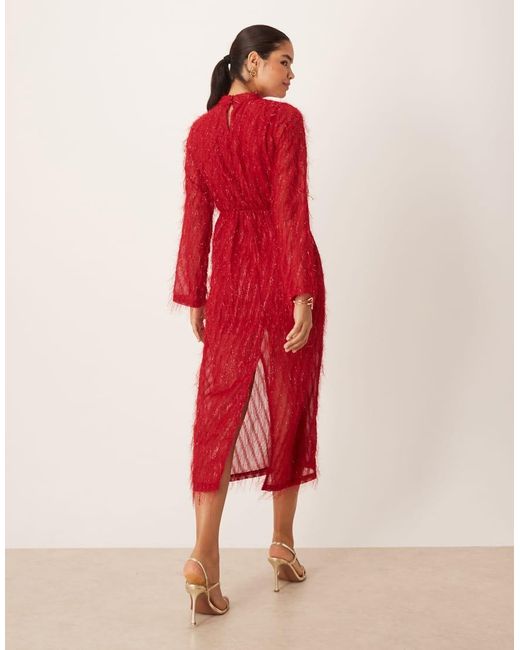 Vila Red Fluffy Textu Tie Waist Maxi Dress
