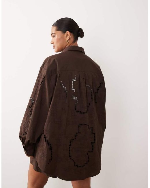 ARRANGE Brown Curve Oversized Shirt With Cutwork Embroidery