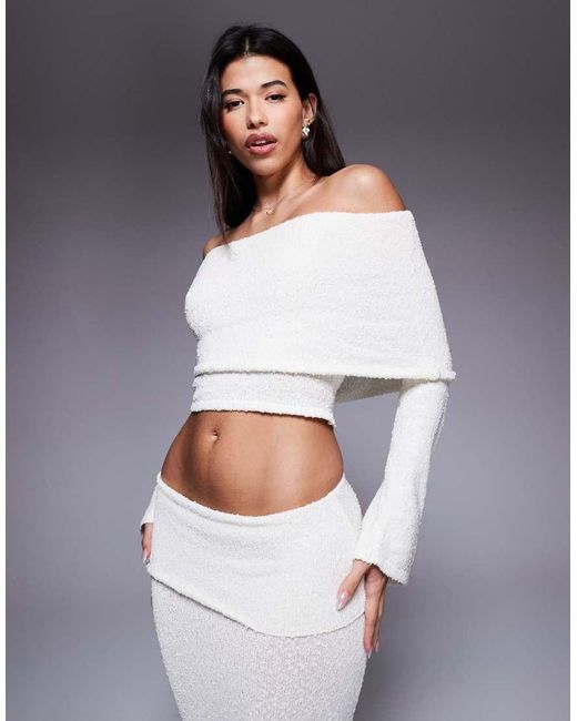 Wanderdoll Gray Yasmin Off The Shoulder Boucle Knit Dramatic Foldover Flared Sleeve Top