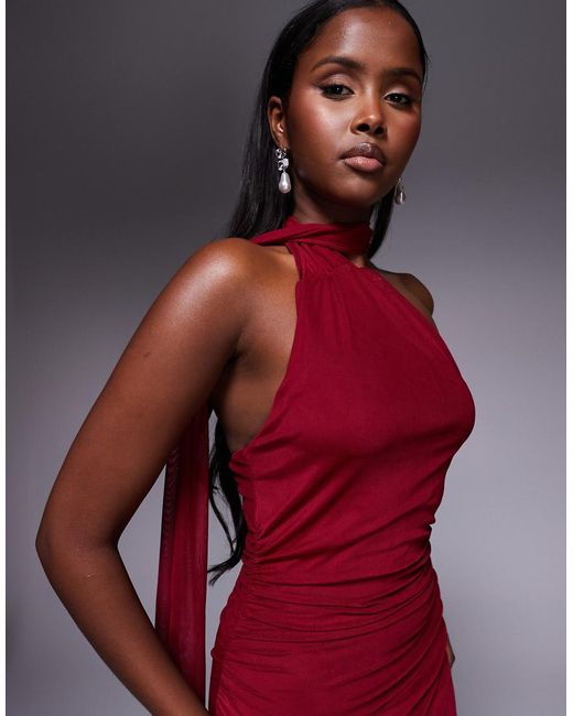 Fashionkilla Red Exclusive Mesh Overlay Neck Tie Detail Sheer Hem Maxi Dress