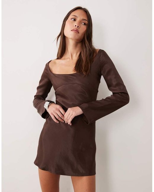 ASOS Brown Satin Bodice Mini Dress With Flared Sleeves