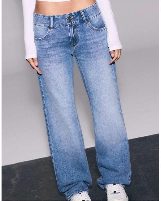 Stradivarius Blue Double Metal Button Straight-Leg Jeans