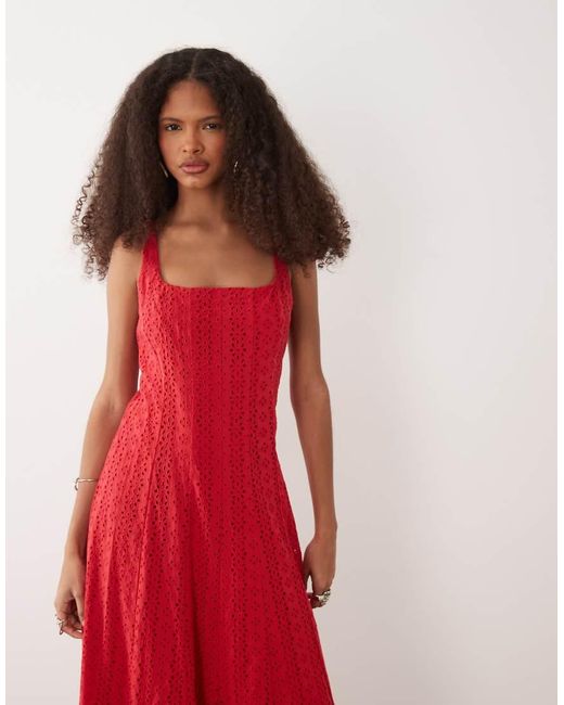 Mango Red 100% Cotton Square Neck Sleeveless Embroide Midi Dress