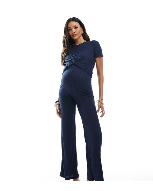 Mama.licious Blue Mamalicious Maternity Over The Bump Ribbed Jersey Wide Leg Trouser Co-ord