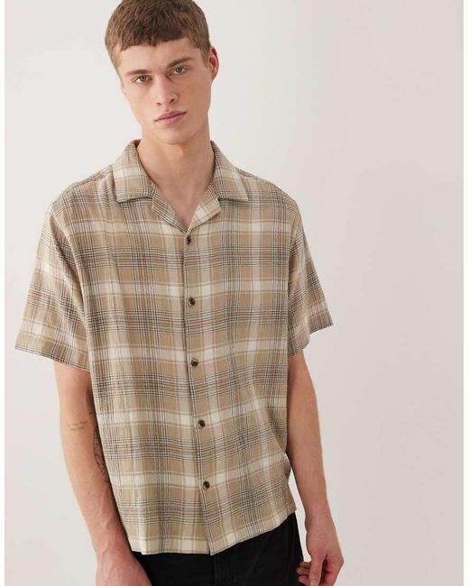 ASOS Brown Relaxed Revere Textured Check Shirt for men