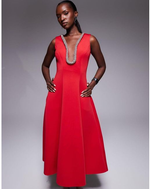 Goddiva Red Diamante Embellished Neck A Line Midi Dress