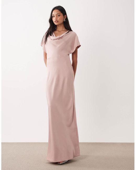 TFNC London Bridesmaids Satin Drop Shoulder Bias Maxi Dress in Pink