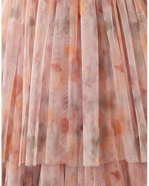 LACE & BEADS Pink Bandeau Ruched Tiered Tulle Maxi Dress