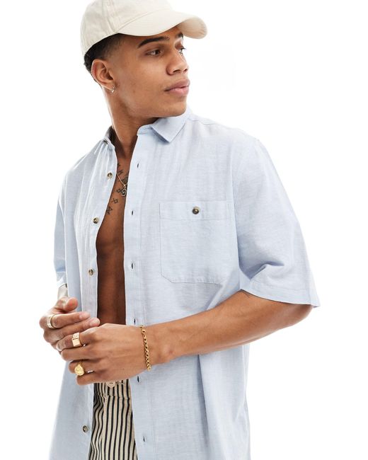 ASOS Blue Relaxed Linen Blend Shirt With Square Collar for men