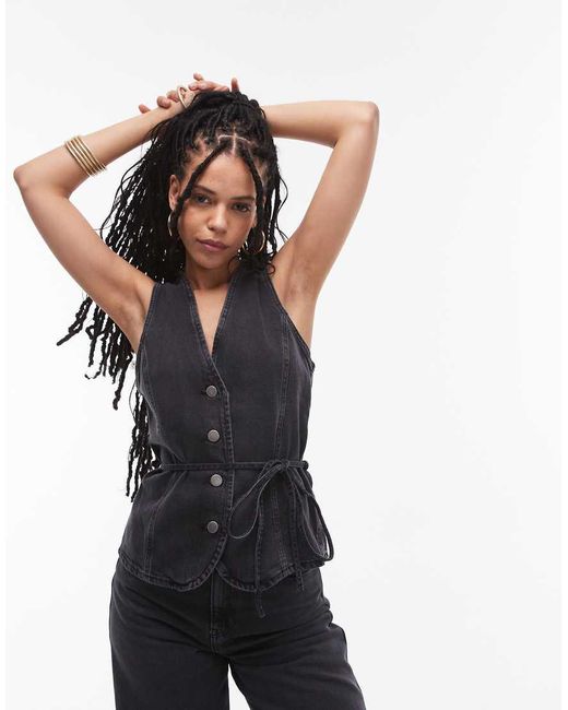 Mango Black Denim Tie Front Waistcoat Co-ord