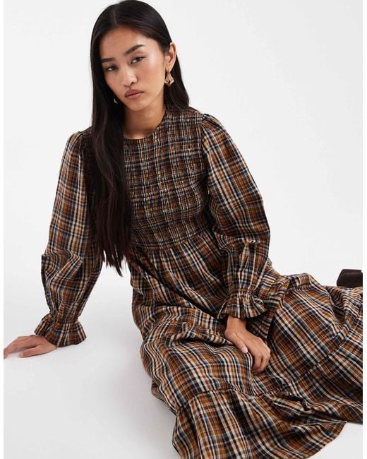 Wednesday's Girl Plaid Shirred Detail Midaxi Smock Dress in Brown | Lyst Wednesday's Girl Plaid Shirred Detail Midaxi Smock Dress in Brown | Lyst