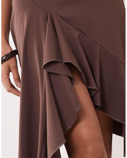 The Frolic Natural Exclusive Plunge Cowl Neck Asymmetric Ruched Drape Front Midi Dress