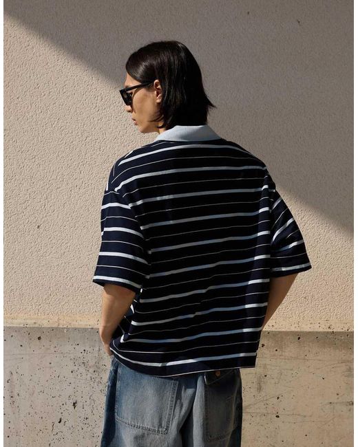 Bershka Blue Embroidered Stripe Short Sleeve Polo Shirt for men