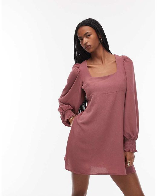ASOS Red Square Neck Long Sleeve Dress With Tie Back Detail