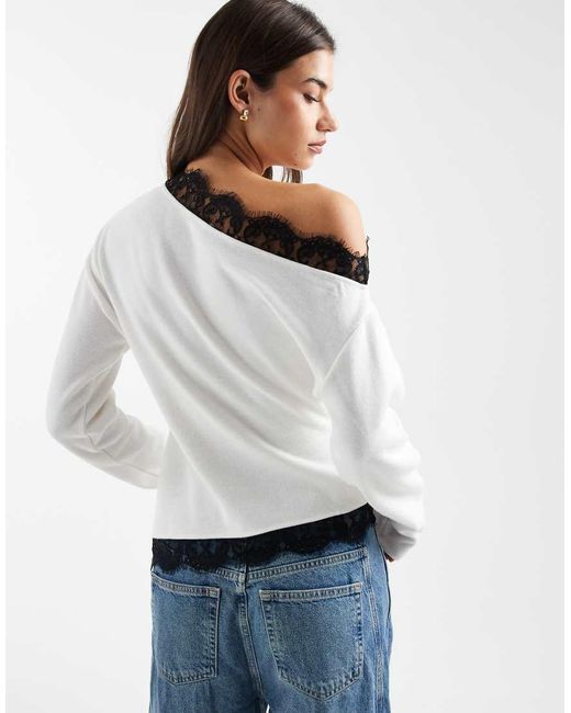 ASOS White Super Soft Fallen Shoulder Lace Hem Top
