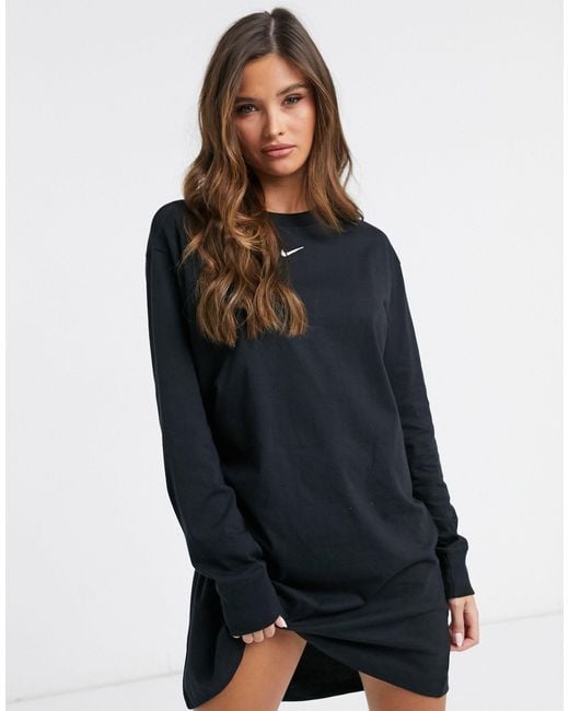 Nike Cotton Mini Swoosh Long Sleeve T-shirt Dress in Black - Lyst