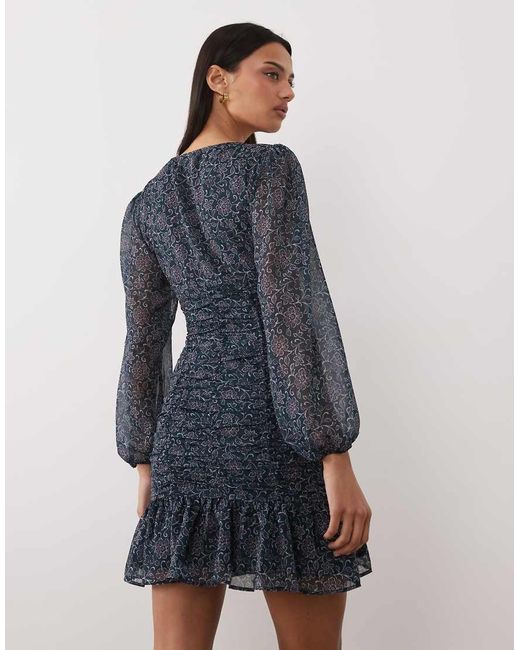 Mango Blue Teen Long Sleeve Mini Dress With Ruched Detail