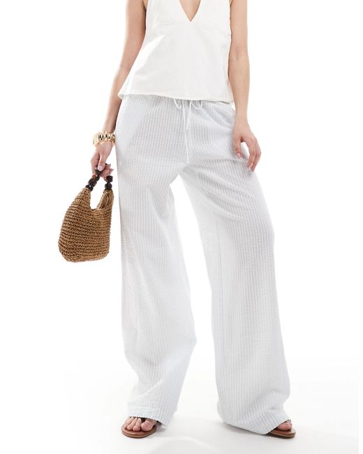 Monki White Wide Leg Drawstring Seersucker Pants