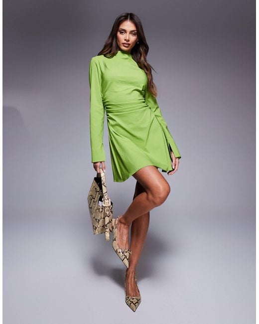 ASOS Green Bengaline High Neck Long Sleeve Mini Dress With Ruching Detail