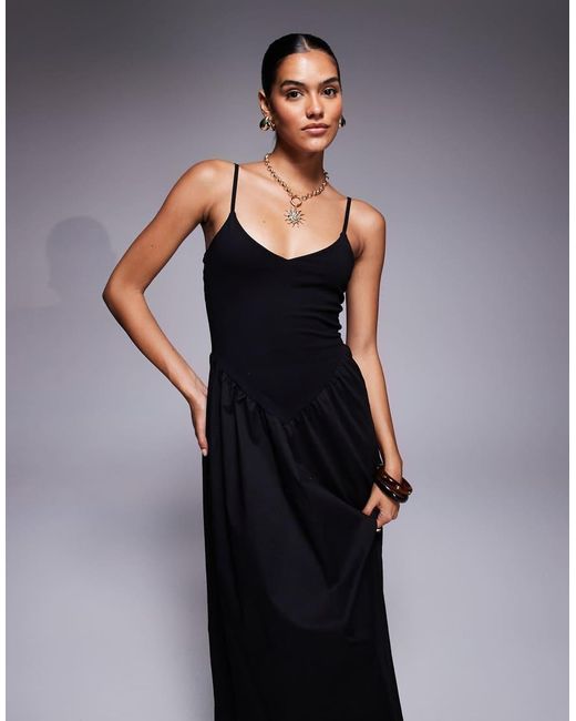 Fashionkilla Blue Cotton & Poplin Mix V-neck Drop Waist Detail Maxi Dress