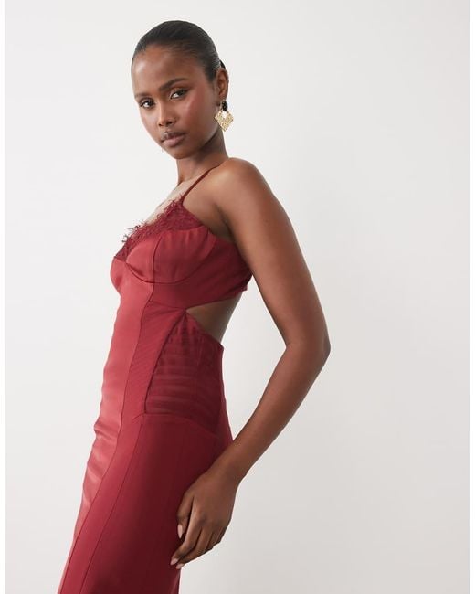 Bardot Red Satin Cami Lace Detail Midi Dress