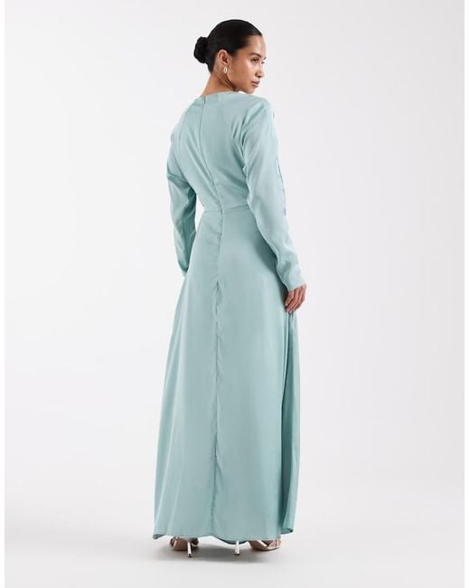 TFNC London Blue Bridesmaids Long Sleeve Satin Maxi Dress