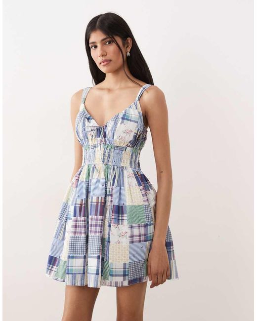 Abercrombie & Fitch Blue V Neck Smocked Mini Dress Skort