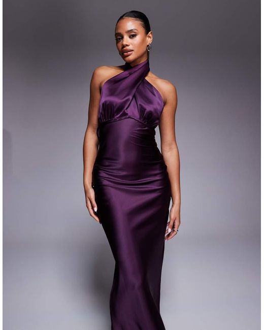 Princess Polly Purple Rosaminta High Shine Satin Cross Front Halterneck Tie Open Back Maxi Dress