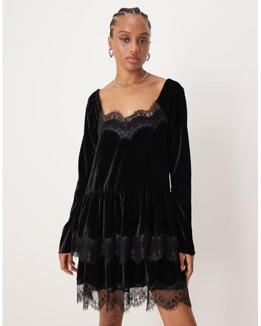 ASOS Black Asos Design Tall Long Sleeve Sweetheart Neckline Velvet Mini Dress