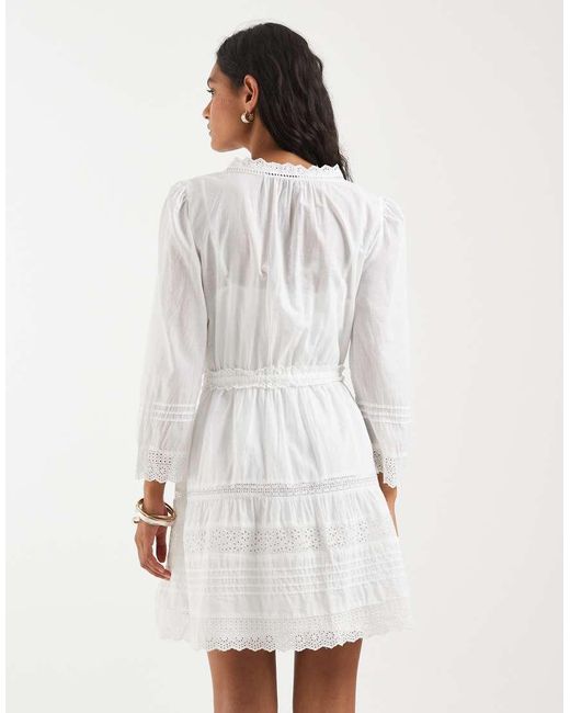Gap White V-Neck Lace Detail Cinched Mini Dress