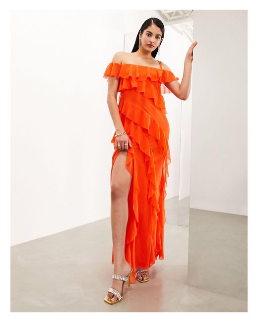ASOS Orange Chiffon Bardot Ultimate Ruffle Maxi Dress