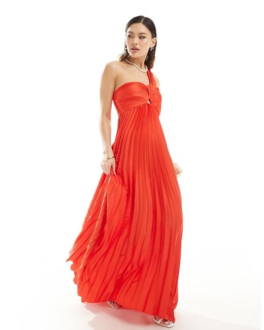 Mango Red One Shoulder Pleated Maxi Dress