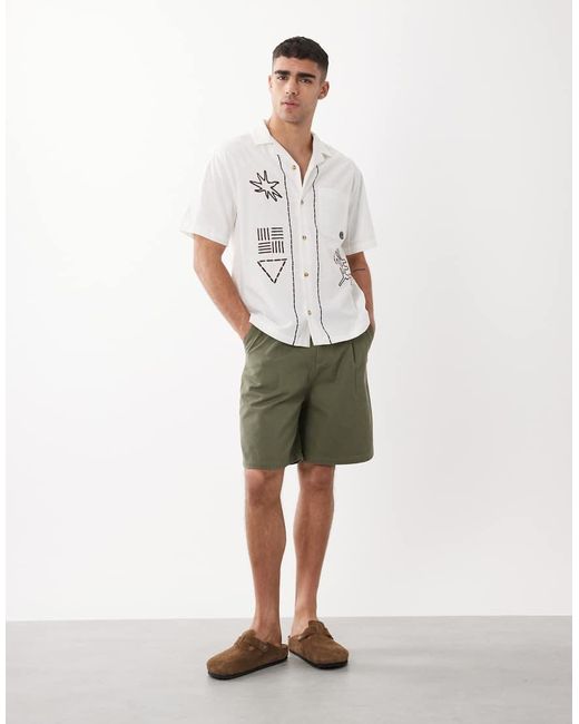 ASOS White Relaxed Shirt With Linen And Floral Embroidery for men