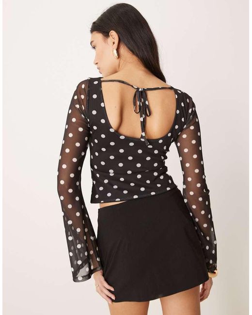 ASOS Black Polka Dot Printed Mesh Angel Sleeve Top With Open Tie Back