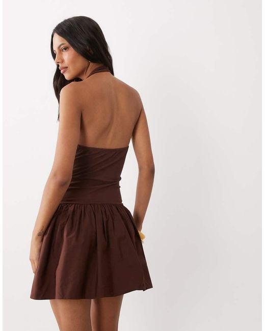 ASOS Brown Scoop Halter Mini Dress With Cotton Poplin Skirt