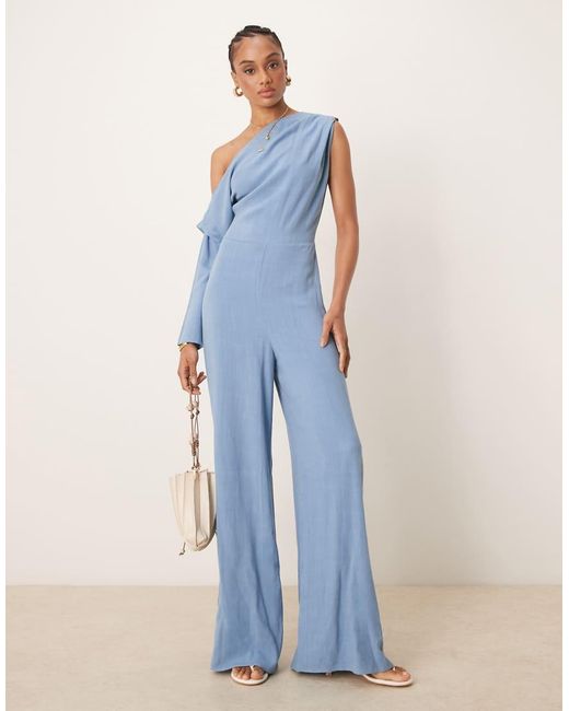 ASOS Blue Asos Design Tall Linen Fallen Shoulder Jumpsuit