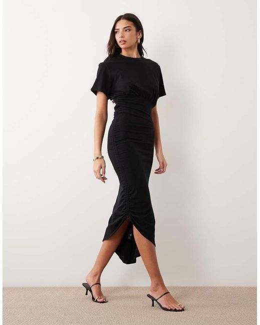ASOS Natural Short Sleeve Midi Dress With Ruched Tie Side Detail